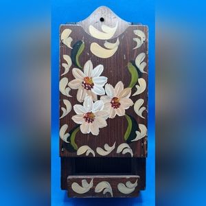 Vintage Hand painted Floral wooden Match Box Holder Wall Pocket
